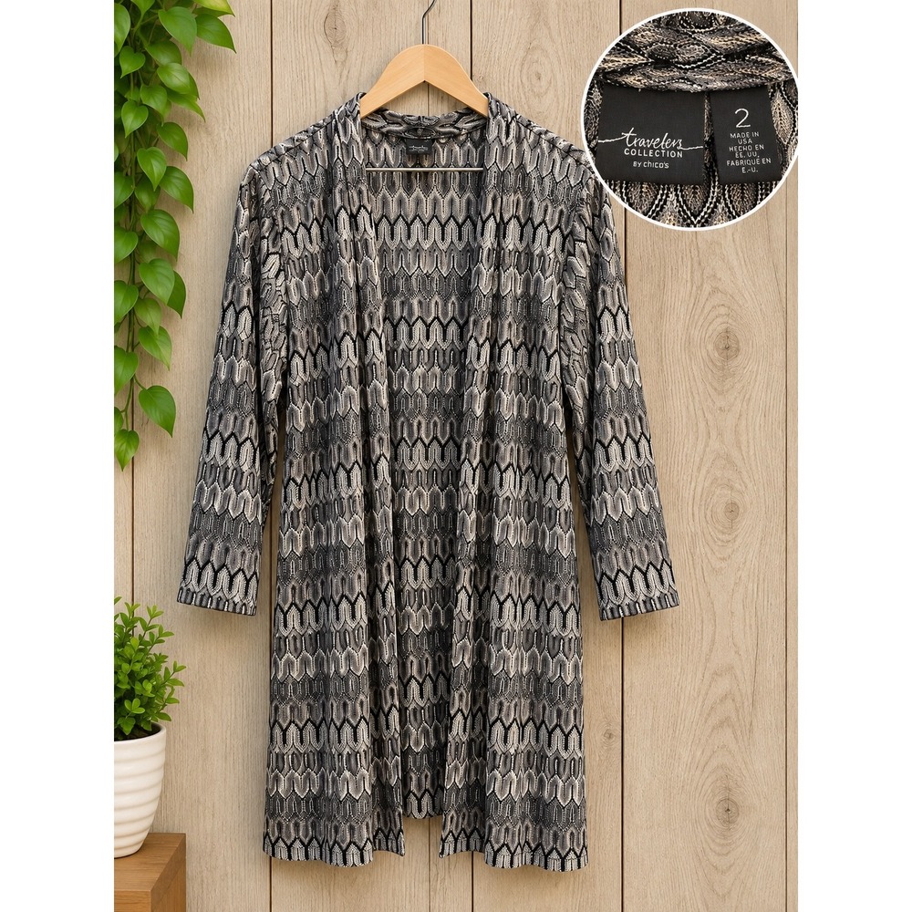 Chicos Travelers Collection Duster Cardigan Womens 2 Large Black Silver Metallic